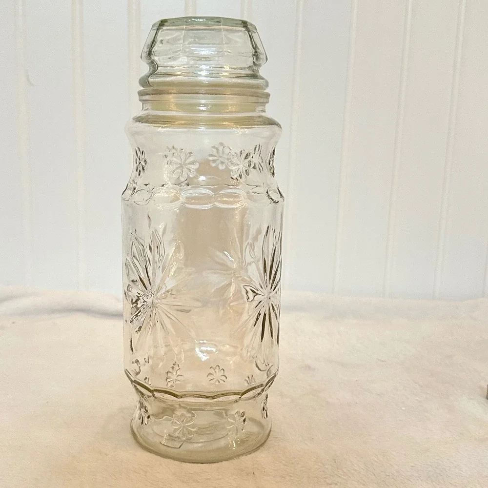 Planters Mr Peanut Glass Canister Jar 1980 Clear Starburst Floral Excellent 8.5